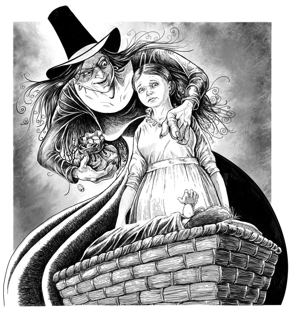 Evil fairy queen tries to swap riches for the young mother's infant child. Black and white, pen and ink style.